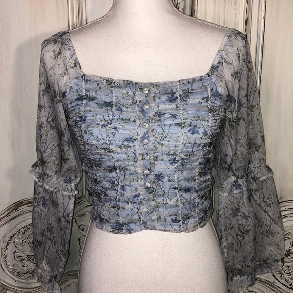 Sugar Lips Ruched Square Neck Juliet Sleeves Cropped Blue Sheer Floral Top S/XS - Picture 1 of 12